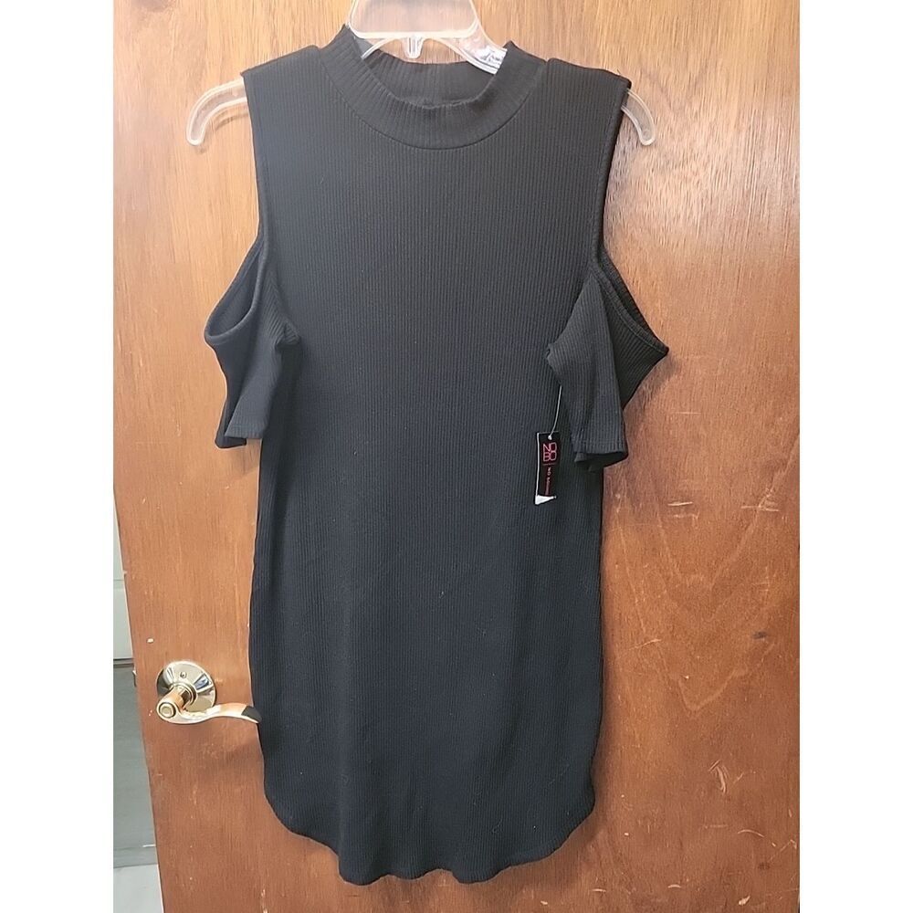 No Boundaries Black Ribbed Cold-Shoulder Dress